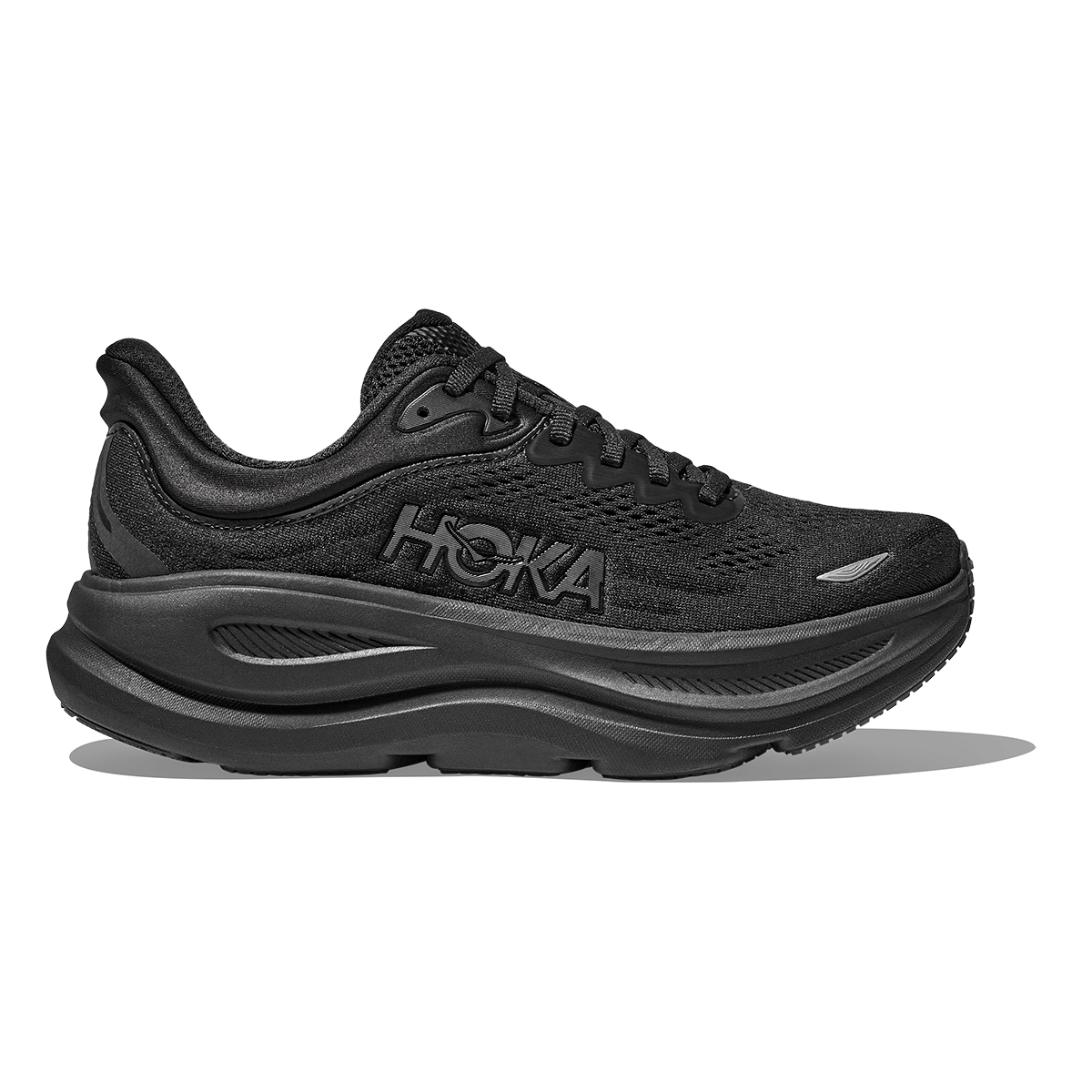 Side view of a single HOKA Bondi 9 men’s shoe in Black/Black, facing right, with black laces, tonal details and a sculpted black sole.