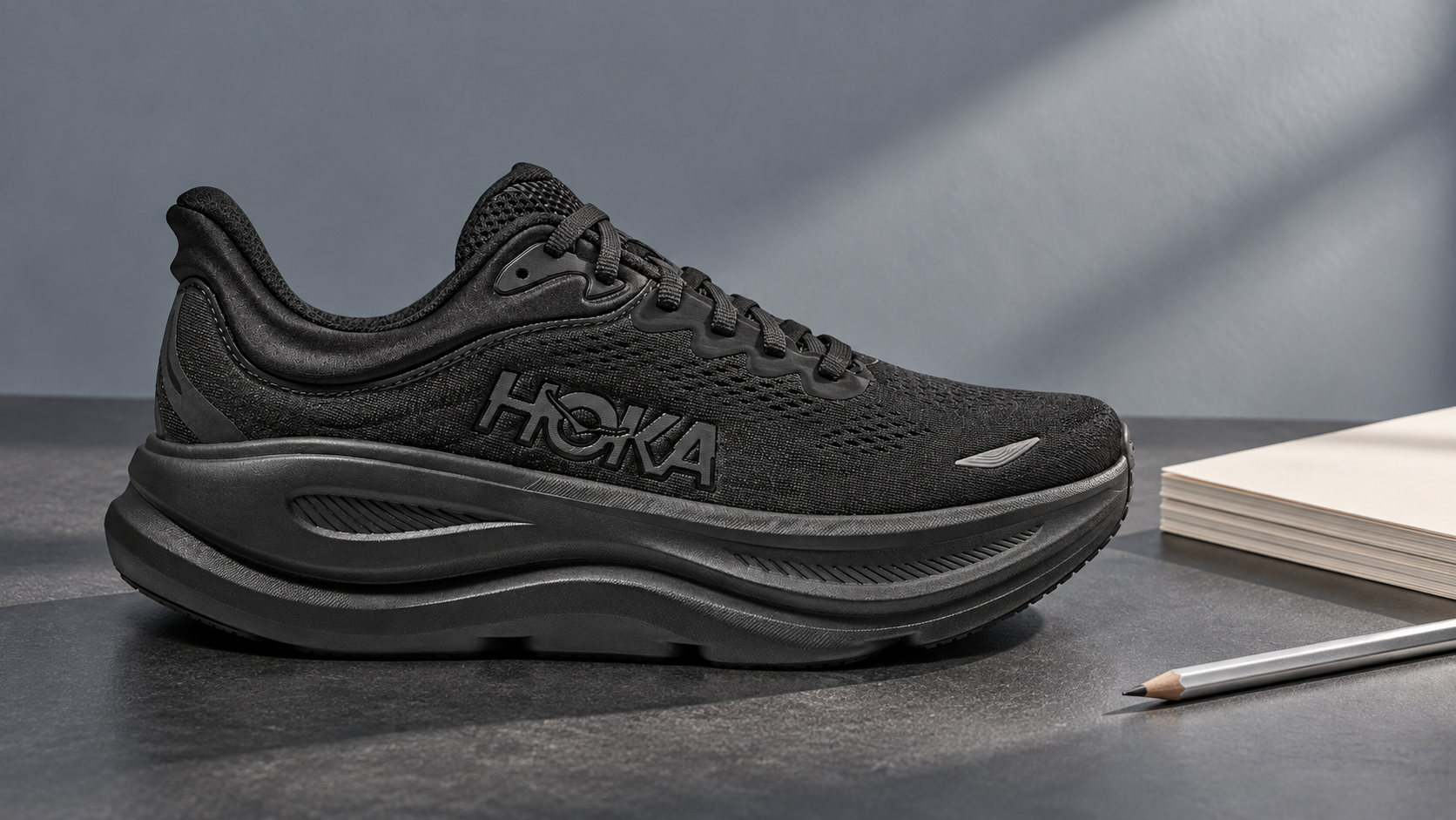 HOKA Bondi 9 men’s footwear in Black / Black in an editorial still life